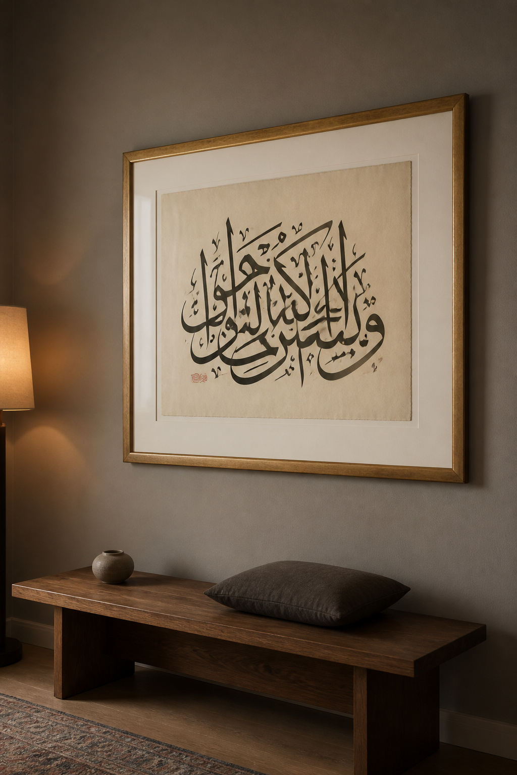 A large Arabic Thuluth calligraphy piece given a full wall to itself — the surrounding white space is as much a part of the composition as the script.