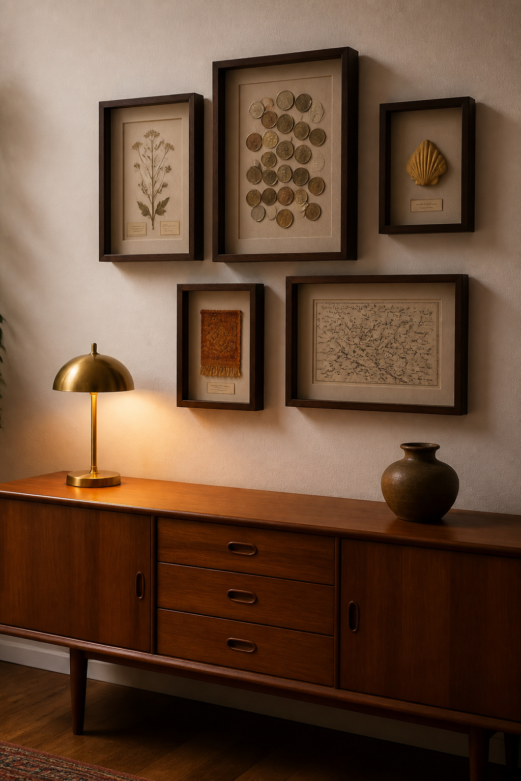 Five shadow boxes in varied sizes form a living room wall cluster — a collection of meaningful objects given gallery presentation and the visual weight they deserve.