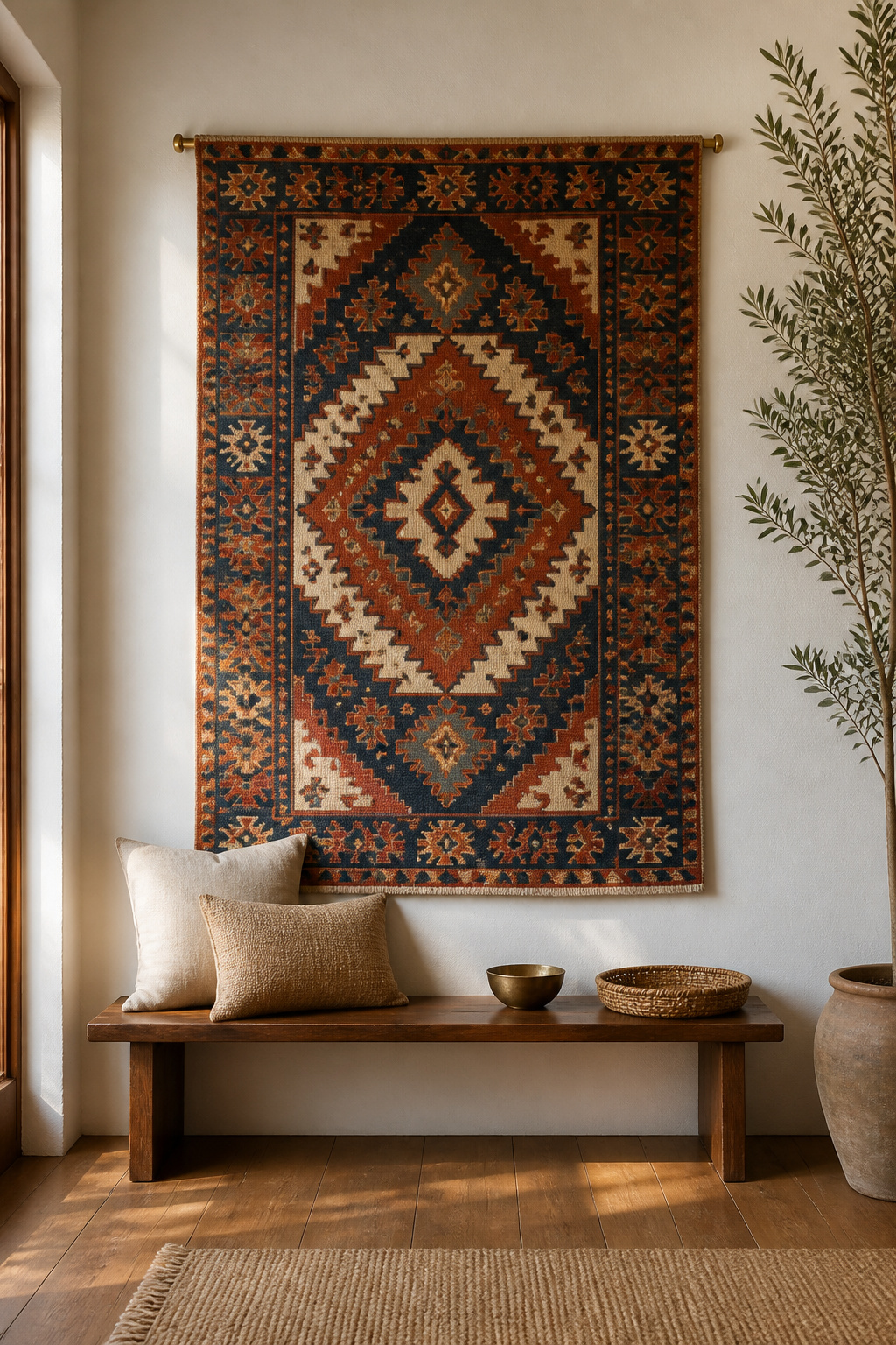 A kilim hung on a white plaster wall brings geometric pattern, tactile depth, and decades of craft tradition into a contemporary living room.
