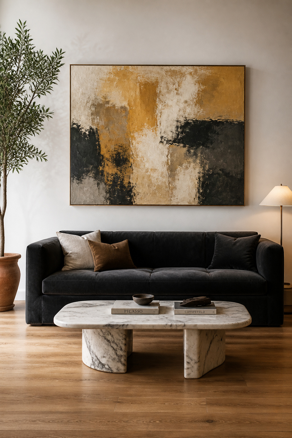 An oversized abstract canvas in ochre and charcoal sets the room's entire tonal direction from a single confident choice.