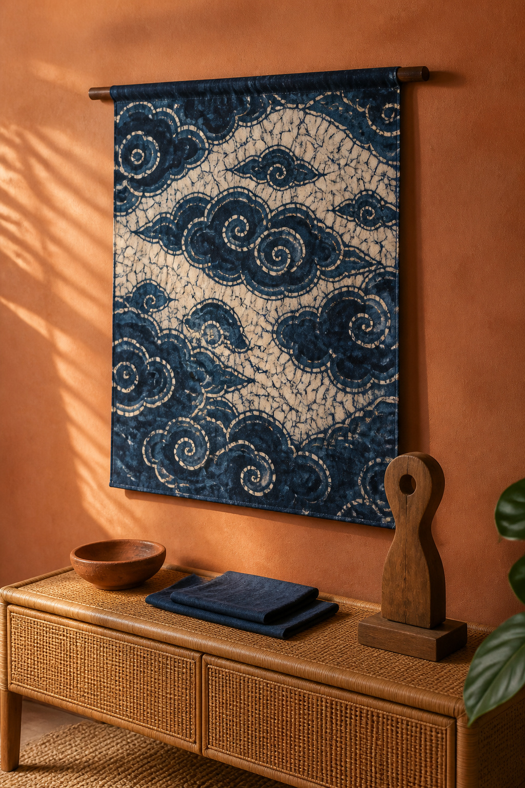 A Javanese megamendung batik hung on a terracotta wall — wall art for living rooms that carries centuries of craft tradition in every crackle line.