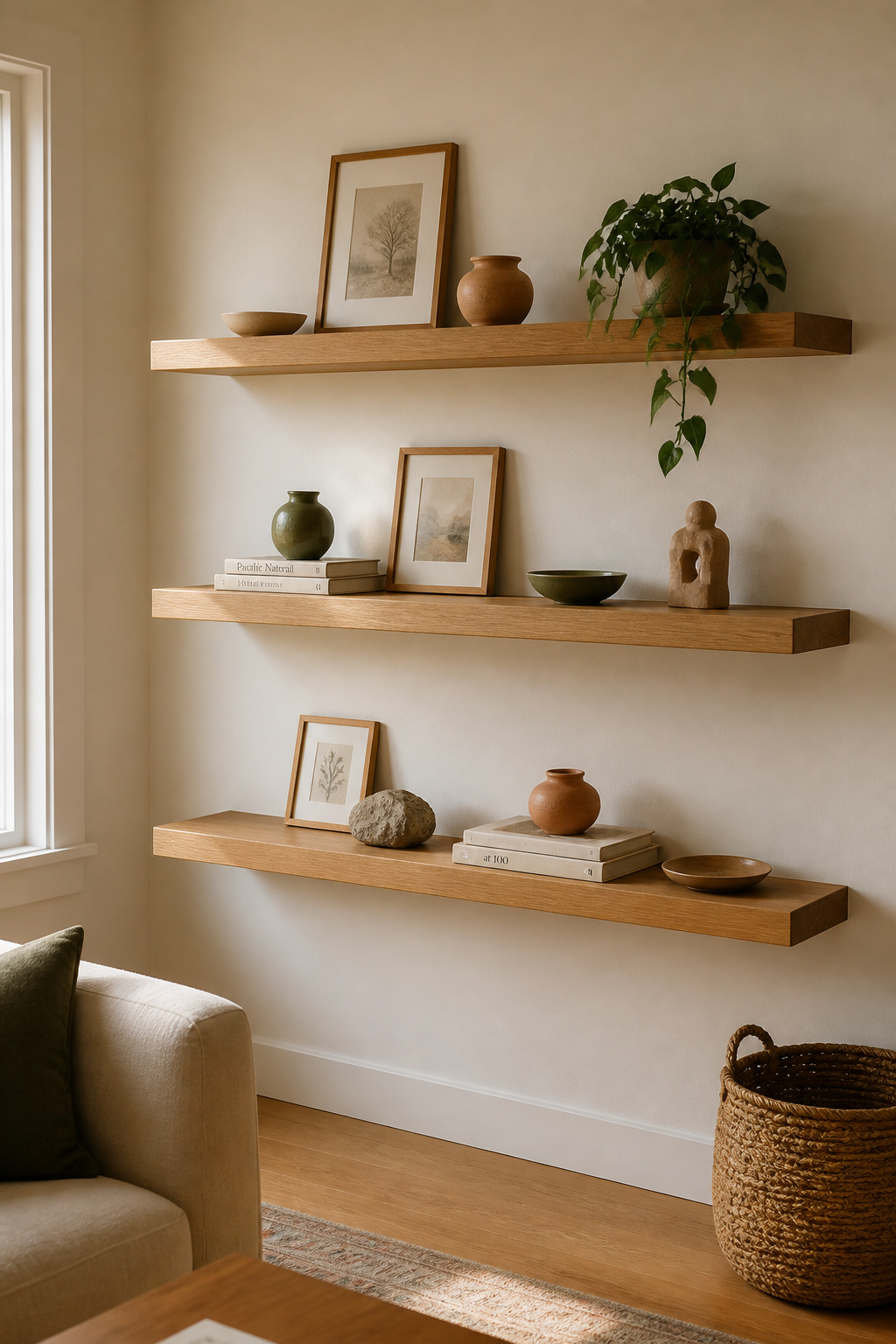 Three oak shelves become a living, three-dimensional gallery wall — edited to 65% full, with breathing room giving each object its own presence.