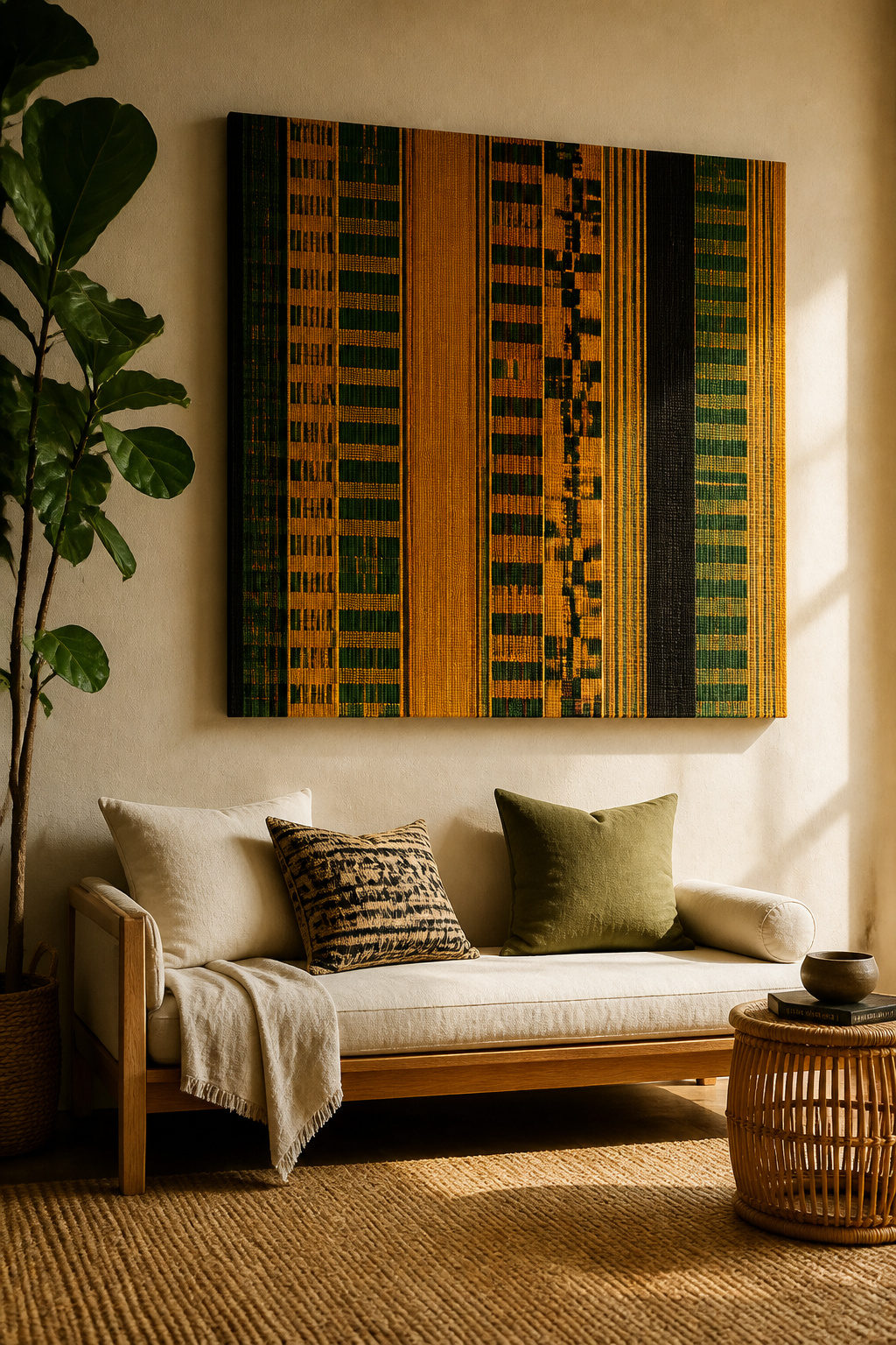 A stretched kente-weave fabric panel in gold, green, and black transforms a cream wall into a focal point that carries genuine craft heritage.