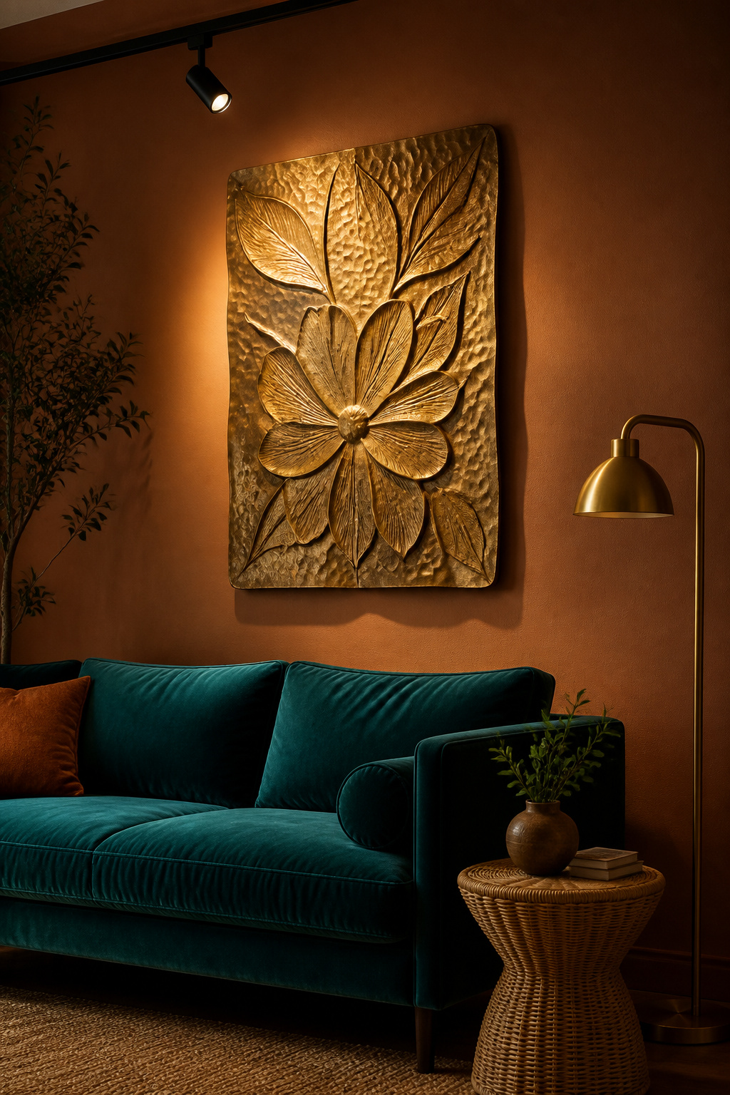 A hand-hammered brass wall sculpture turns a clay wall into a light show that changes hour by hour throughout the day.