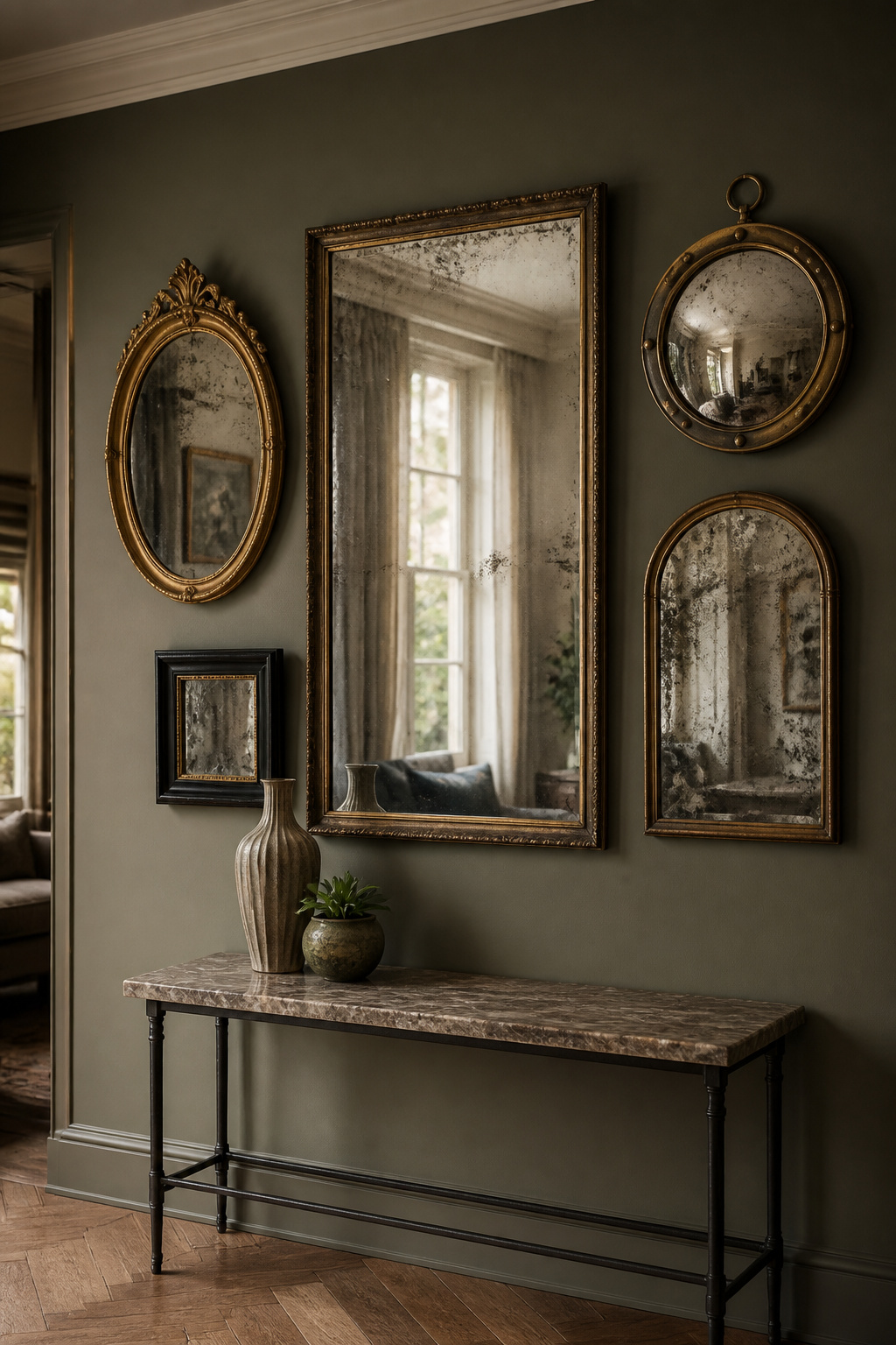 Five antique mirrors in varied shapes and frames — all gold-toned — form a living room wall arrangement that doubles the light and brings a collection's sensibility to the wall.