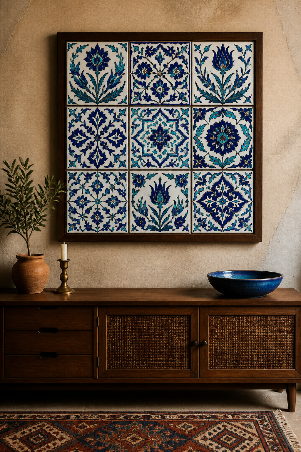A panel of hand-painted Iznik tiles mounted as living room wall art — an ancient craft tradition installed in a contemporary setting with complete visual authority.