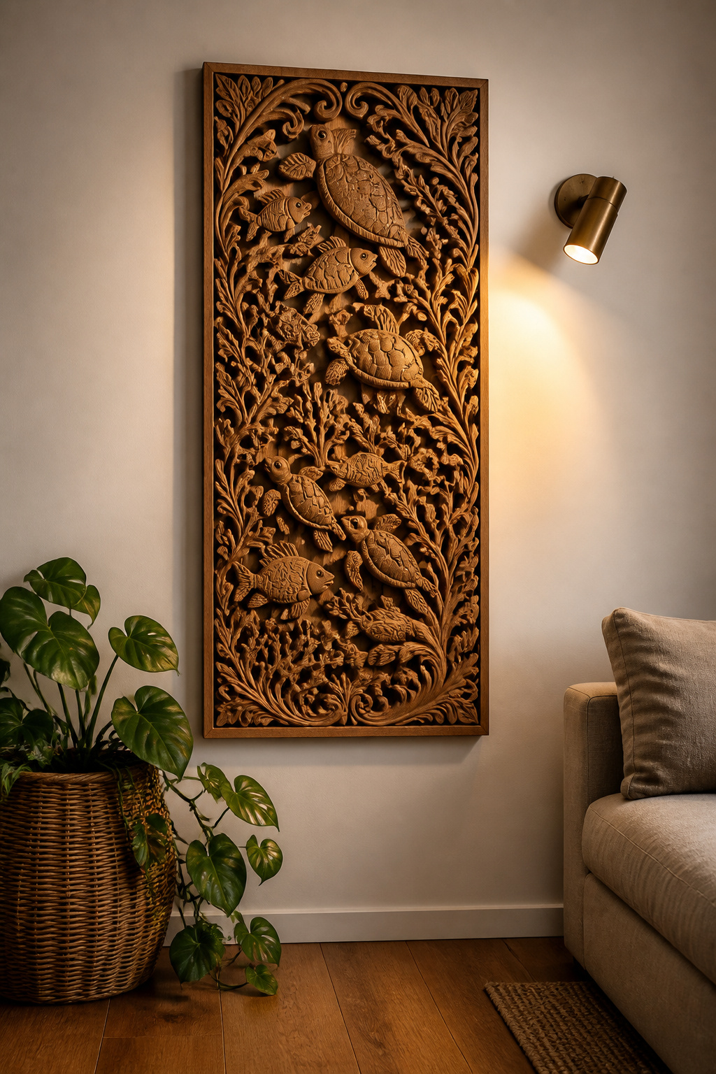 A Balinese suar wood relief panel mounted as living room wall art — given a wall sconce for directed light that turns every carved wave into a shadow.