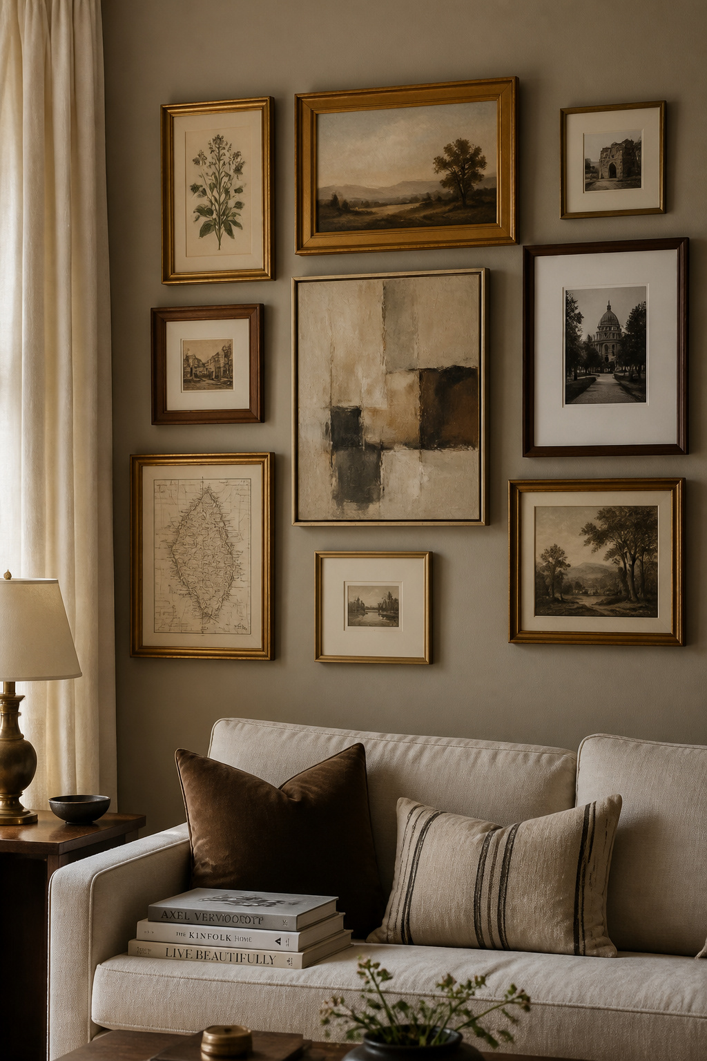 A thoughtfully assembled gallery wall in mismatched gold, walnut, and brass frames anchors a living room with personality that grows with the eye.