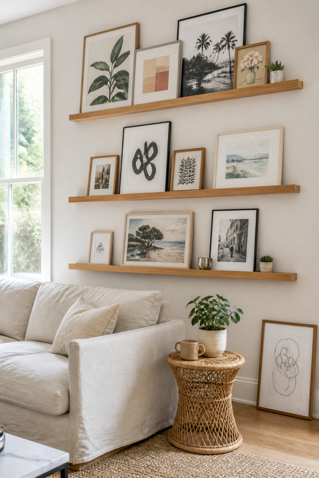 Three picture ledges holding a rotating selection of living room wall art — the format that makes changing what is on display as easy as rearranging a shelf.