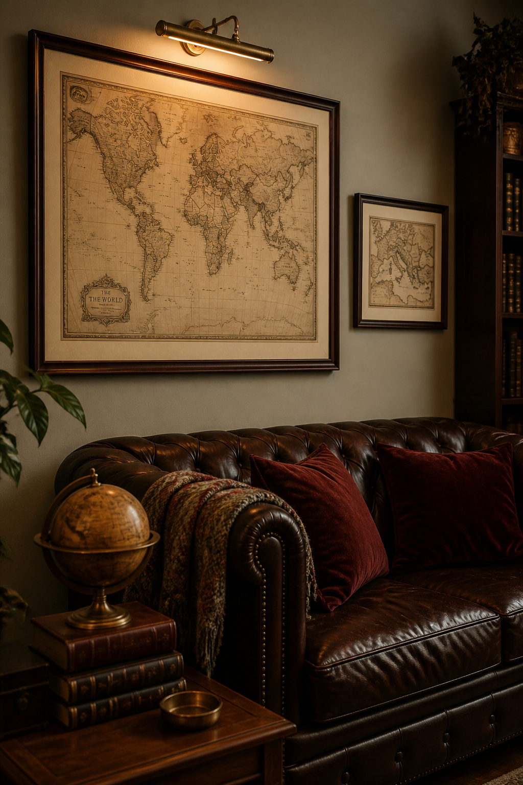 A pair of antique world maps in walnut frames above a Chesterfield sofa — living room wall decor that looks as if it has been in the room for generations.