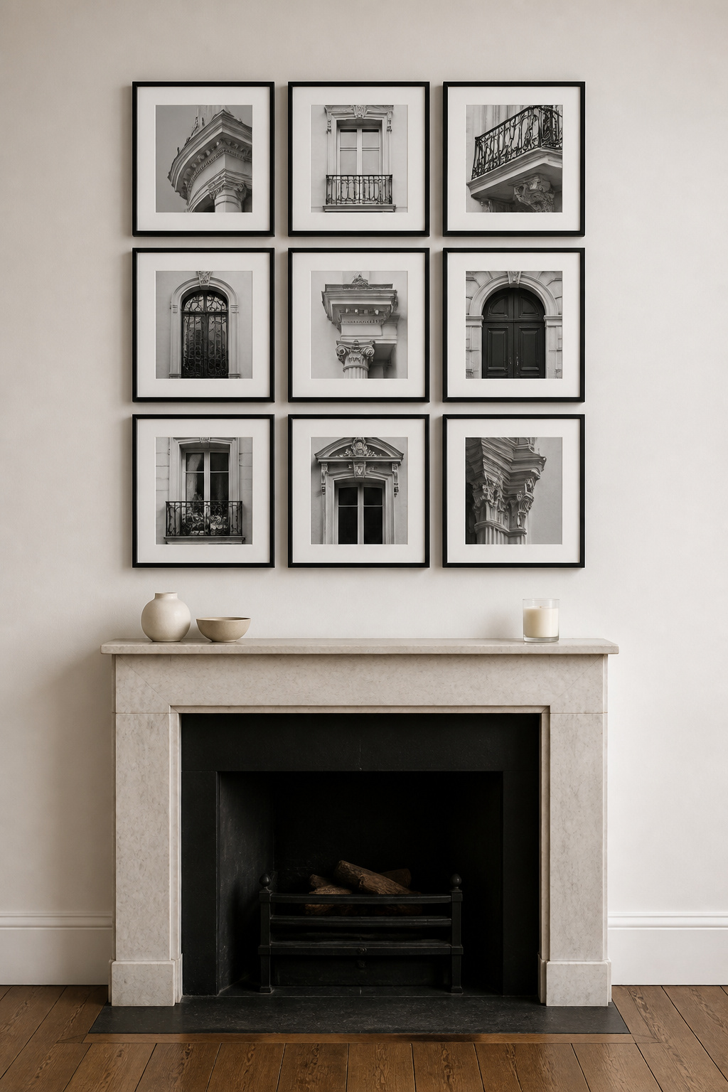 Nine architectural studies in matte black square frames form a clean graphic grid above the fireplace — monochrome as a design decision, not a concession.