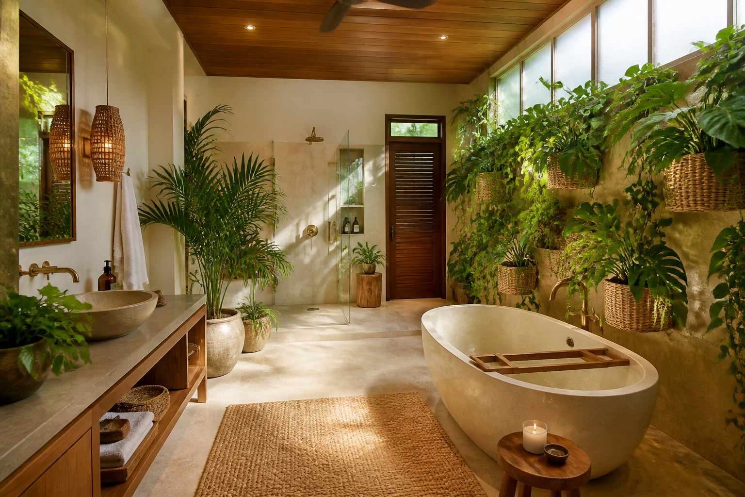 A luxurious eco-luxury bathroom sanctuary combining a stone-resin soaking tub, living plant wall, honed travertine tiles, and unlacquered brass hardware in warm natural light.