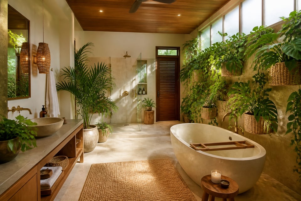 A luxurious eco-luxury bathroom sanctuary combining a stone-resin soaking tub, living plant wall, honed travertine tiles, and unlacquered brass hardware in warm natural light.