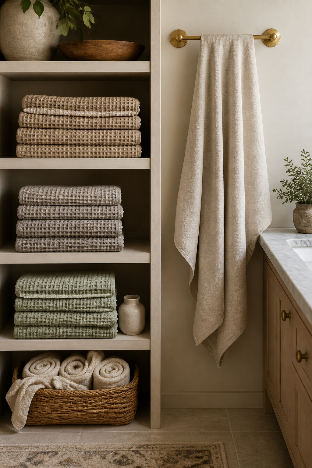Stacked waffle-weave hand towels in oatmeal and sage, stonewashed linen bath sheets, and rolled towels in a wicker basket — quiet luxury in coordinated natural textiles.