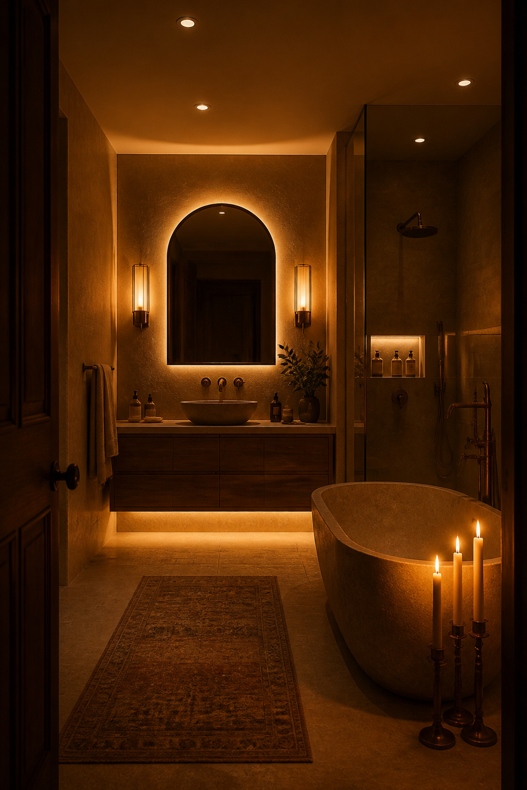 A fully layered warm lighting scheme — 2700K recessed downlights, flanking wall sconces, LED kickboard strip, and candlelight — creates a spa-like evening atmosphere in a domestic bathroom.