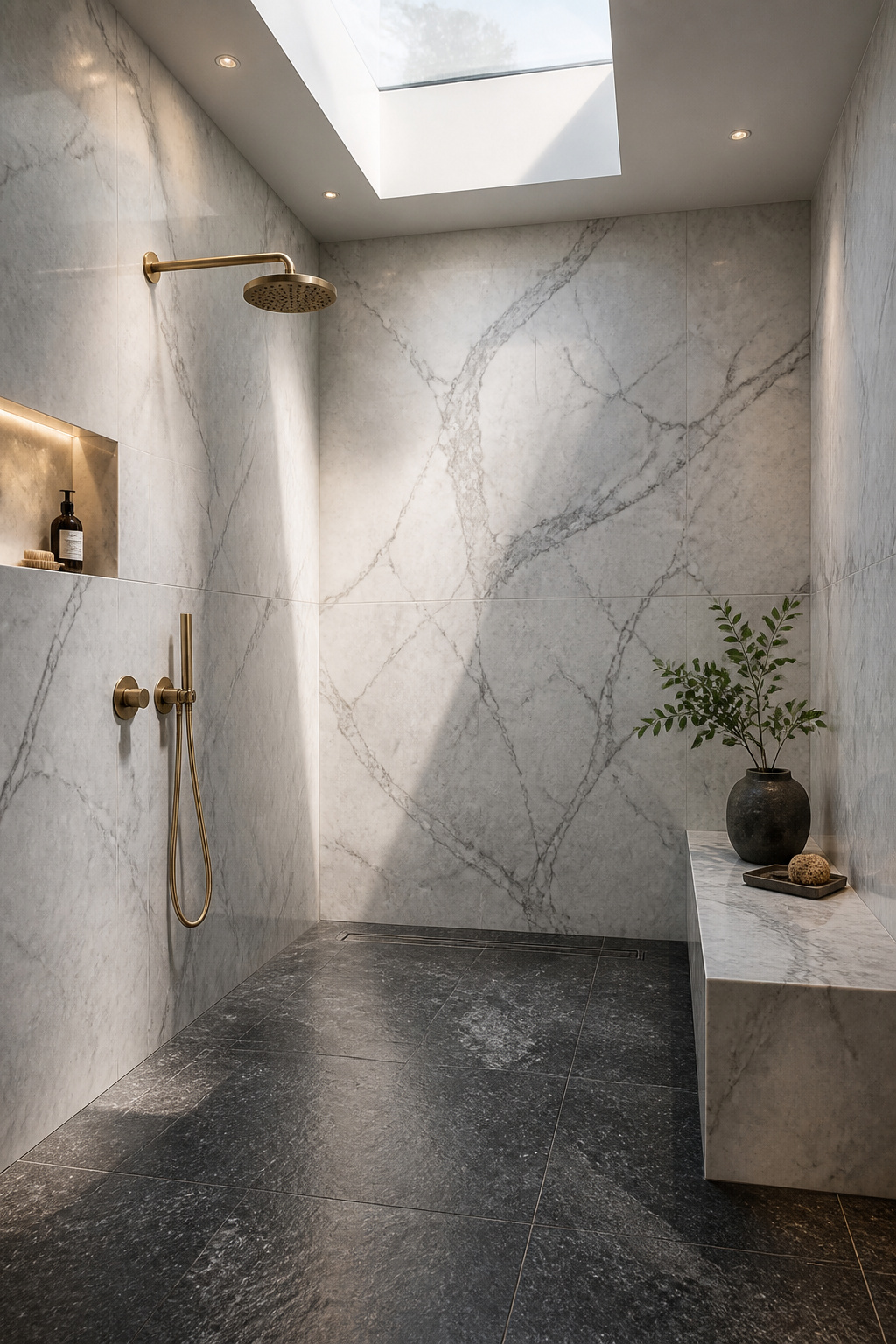 Honed Calacatta marble walls paired with charcoal slate flooring create a spa-grade wellness retreat — natural stone's material variation bringing what no ceramic tile can replicate.