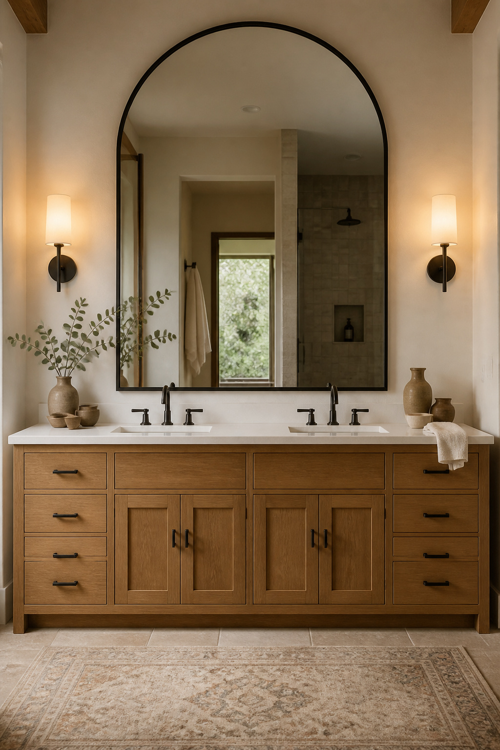 A large arched iron-framed mirror anchors a wide oak vanity wall, flanked by warm wall sconces — the organic shape softening the grid of the tile surround.