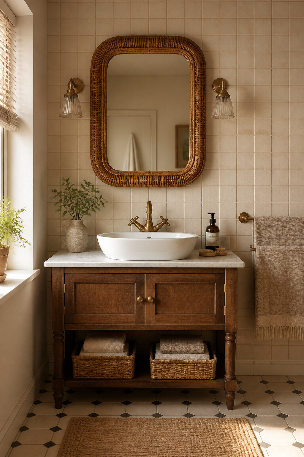 Unlacquered brass tap and hardware developing warm honey patina against cream tiles and a rattan mirror — the living finish approach to bathroom character.