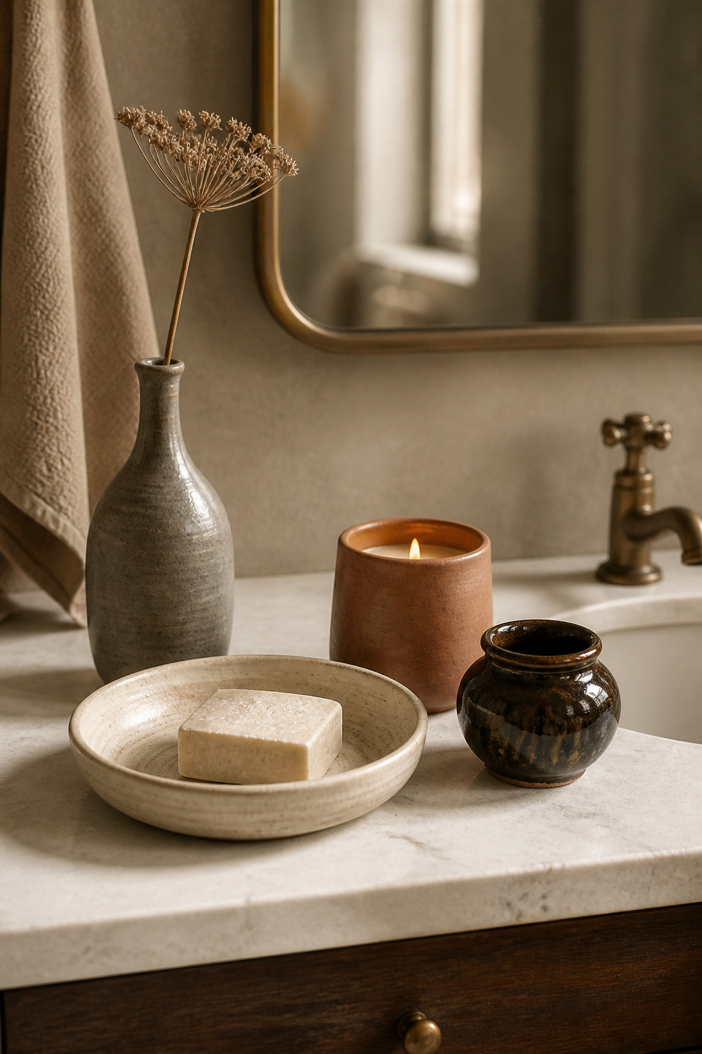 Five hand-thrown ceramic vessels — ash-grey vase, cream soap dish, terracotta candle cup, tenmoku vessel — arranged in a wabi-sabi still-life on a white stone vanity.
