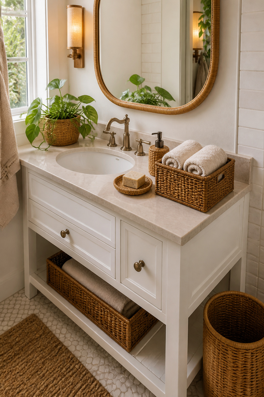 A coordinated set of lacquered rattan accessories — towel basket, soap tray, waste bin, and planted pot — bringing eco-luxury organic texture to a white bathroom vanity.