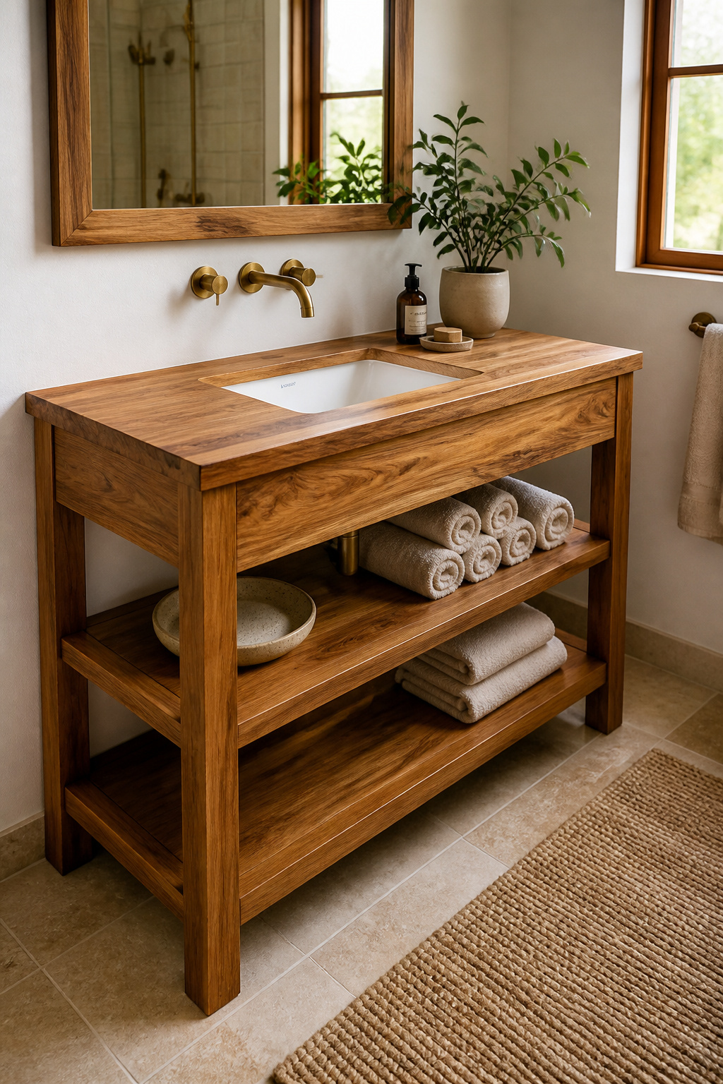 A teak bathroom vanity with natural oil finish, unlacquered brass tap, and white ceramic basin — the warm grain and sustainable credentials of real teak in a full-width vanity design.