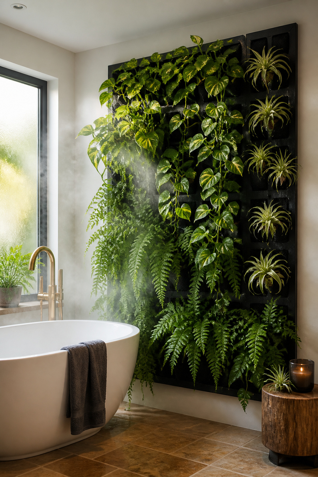 A modular living plant wall beside a freestanding bath — Boston ferns, golden pothos, and Tillandsia air plants thriving in bathroom steam for an effortless biophilic effect.