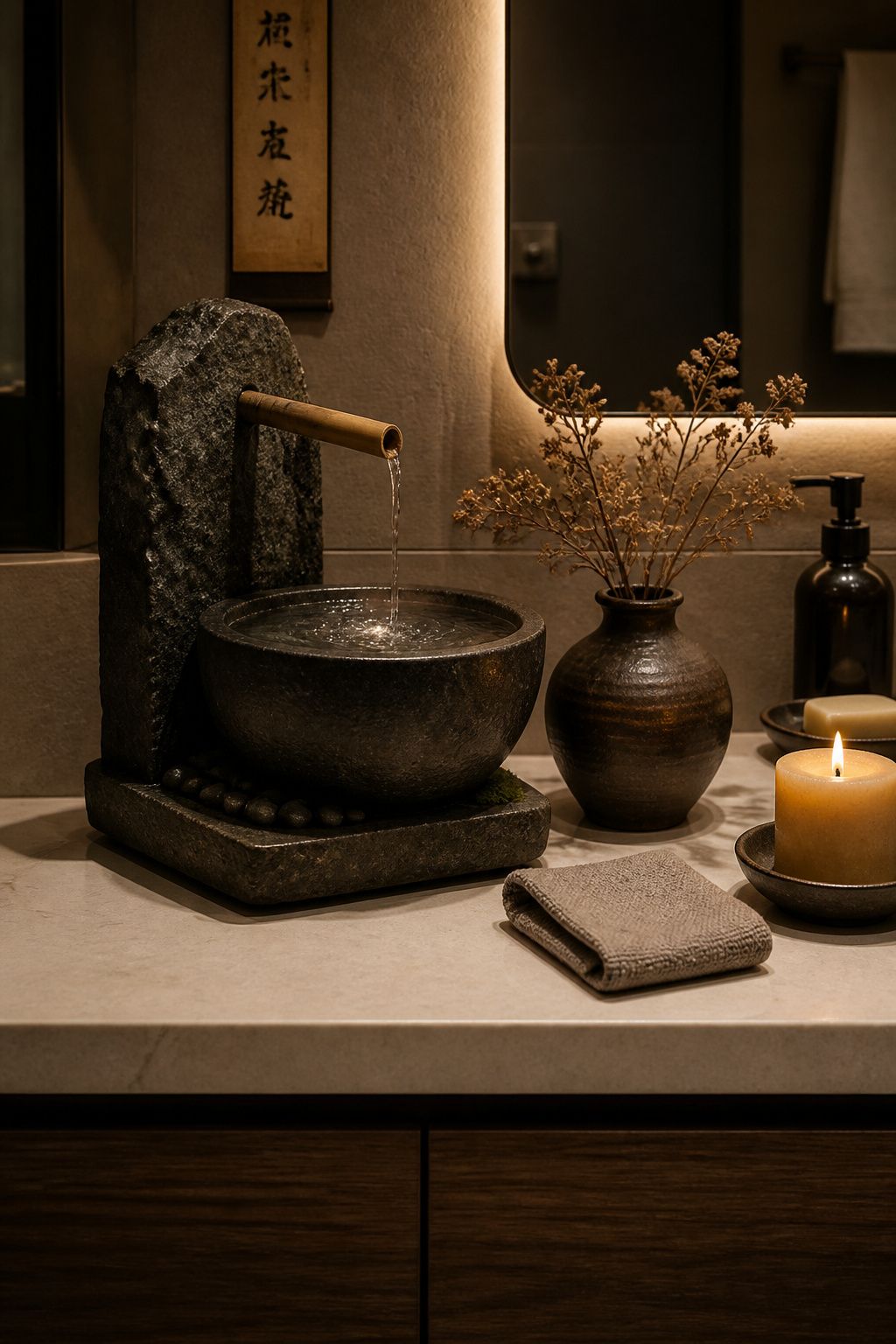 A carved basalt tabletop fountain with bamboo spout beside a ceramic bud vase, linen cloth, and beeswax candle — the sound and sight of moving water bringing daily spa energy to the bathroom.