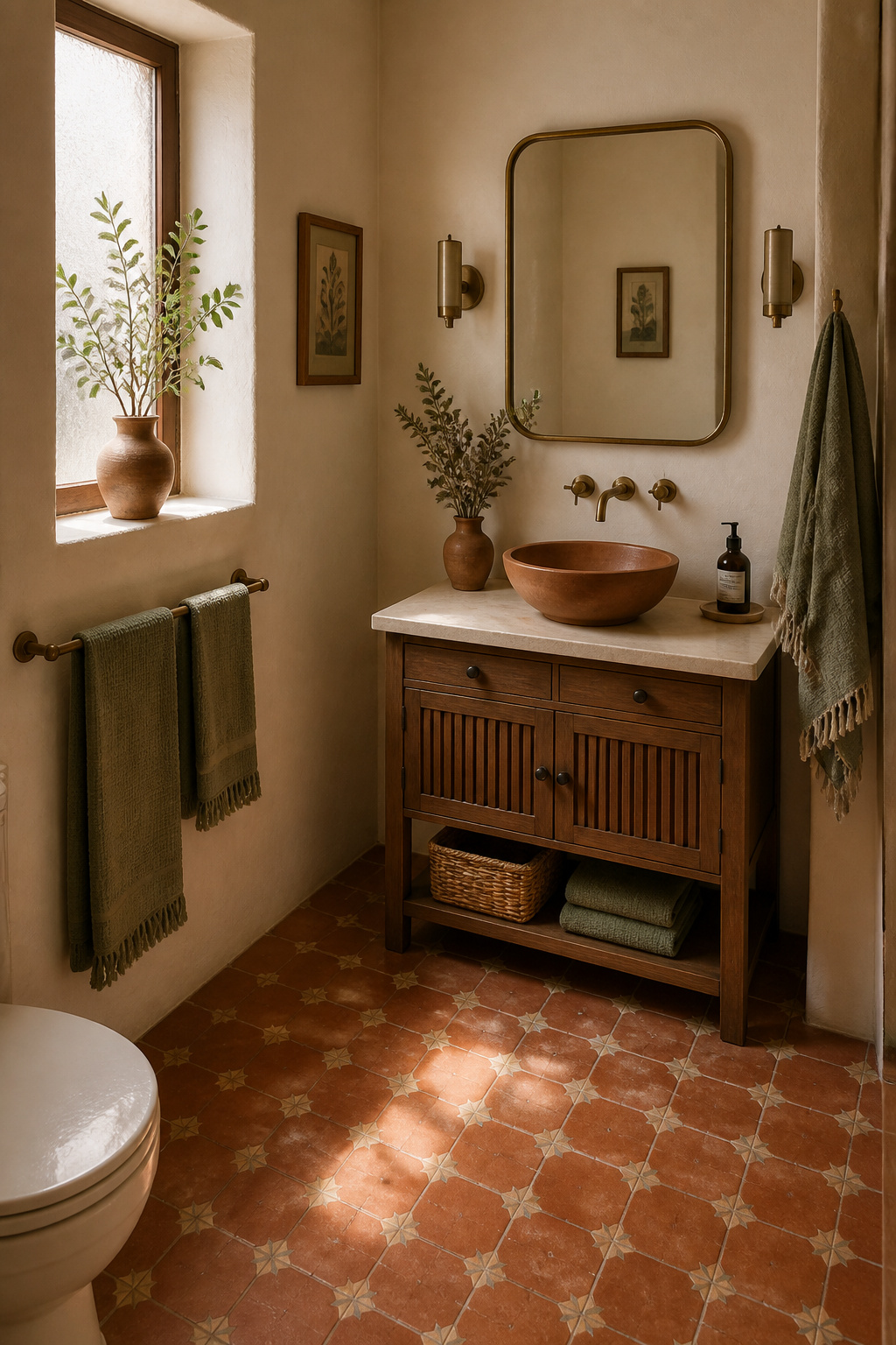 Terracotta encaustic floor tiles, warm white walls, brass hardware, and sage towels create a biophilic Mediterranean bathroom palette — earthy, grounded, and genuinely warm.
