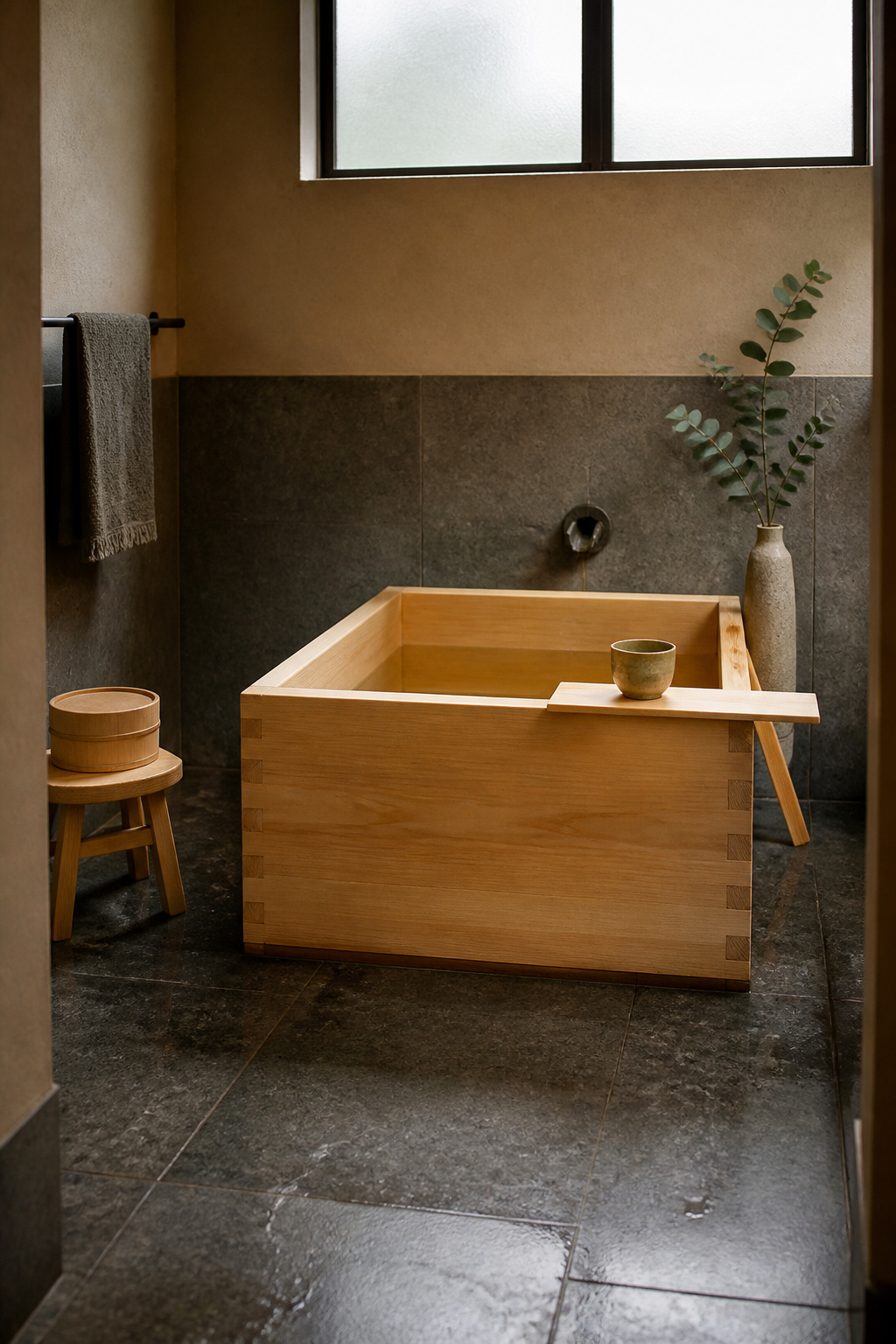 A hinoki cypress ofuro soaking tub with wooden bath board, matcha cup, and eucalyptus — the Japanese bathing ritual translated into an everyday domestic retreat.