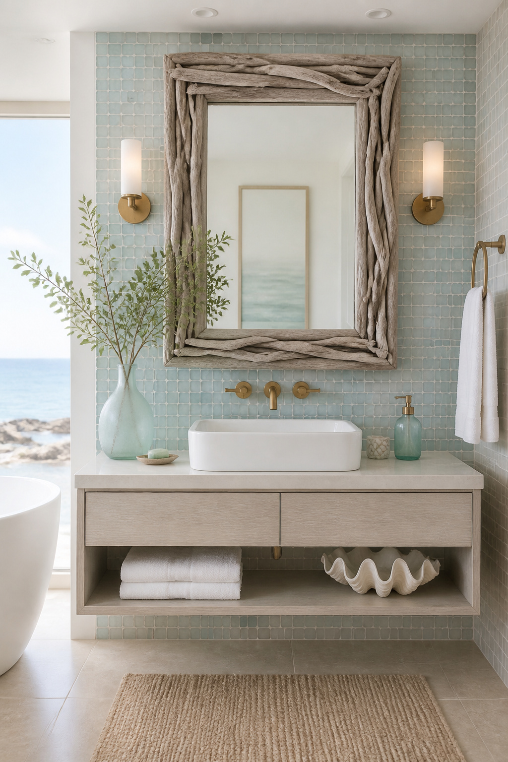 Sea glass mosaic tile, a driftwood-framed mirror, and frosted glass accessories create a sophisticated coastal bathroom palette — elemental and serene without a single clichéd anchor.