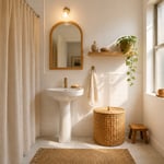 A serene minimalist apartment bathroom with bamboo shelving, rattan mirror, linen shower curtain, and trailing pothos — a complete small-space transformation using natural materials and Japanese-inspired zen principles.