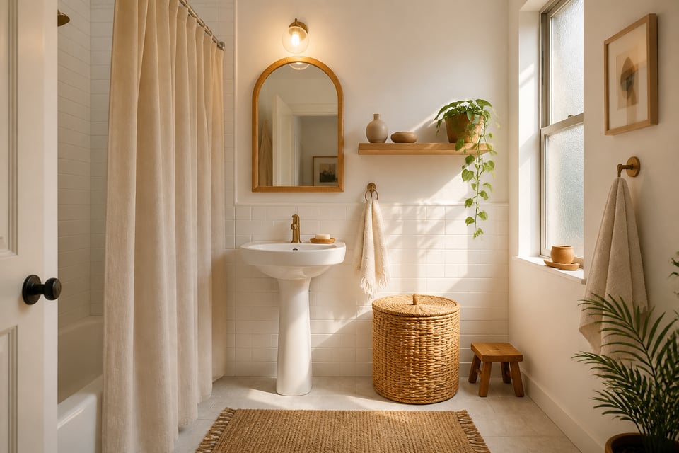 A serene minimalist apartment bathroom with bamboo shelving, rattan mirror, linen shower curtain, and trailing pothos — a complete small-space transformation using natural materials and Japanese-inspired zen principles.