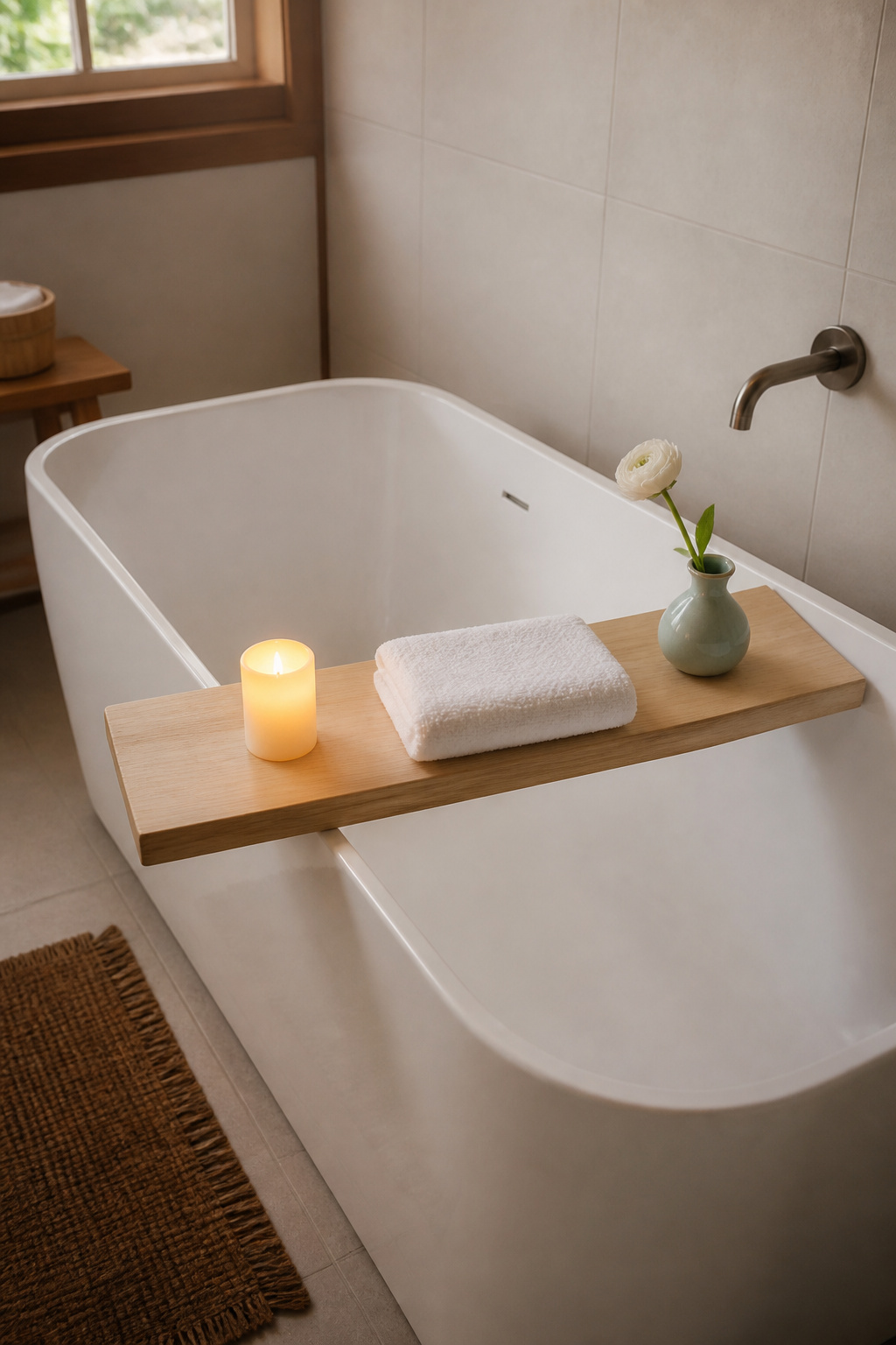 A hinoki wood bath caddy across a white freestanding tub — the pale Japanese cypress releases a clean lemony-woody fragrance when wet, and has been used in ofuro baths for over 1,200 years.