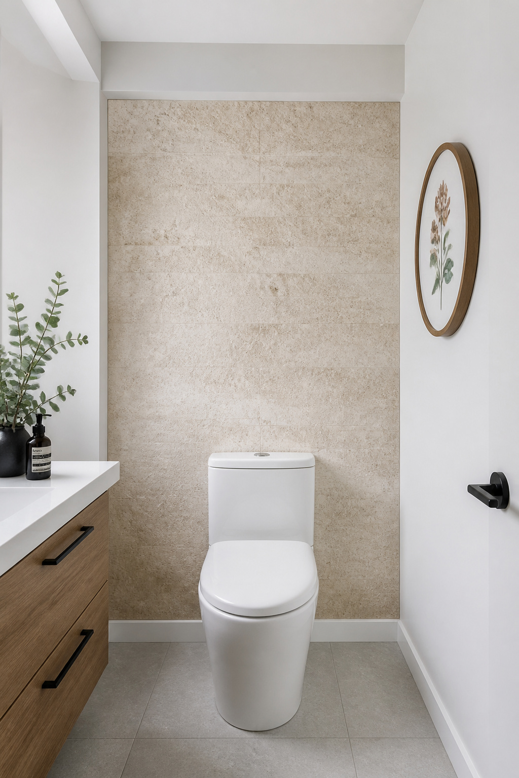 A peel-and-stick travertine-effect wall panel behind the toilet — a renter-safe surface treatment that costs under $50 and removes cleanly, adding natural stone visual texture to an apartment bathroom without any permanent changes.