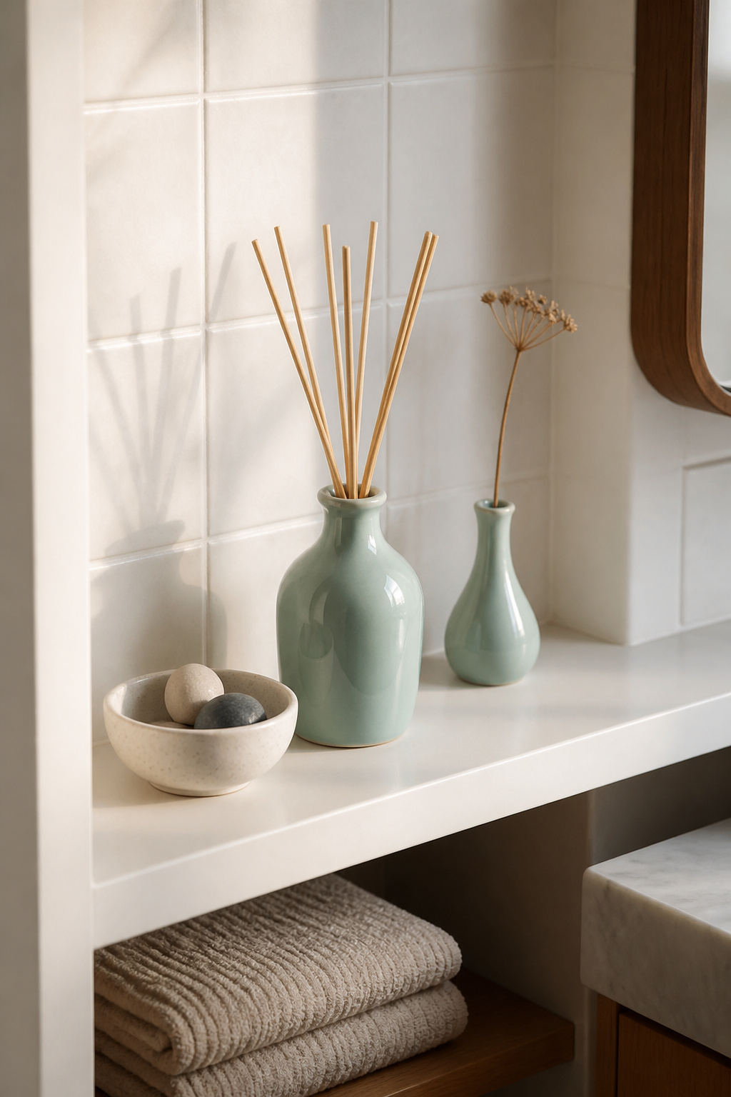 A celadon ceramic reed diffuser with hinoki or yuzu fragrance, paired with a smooth stone bowl and dried botanical stem — Japanese-inspired scent display that engages the bathroom's overlooked sensory dimension.