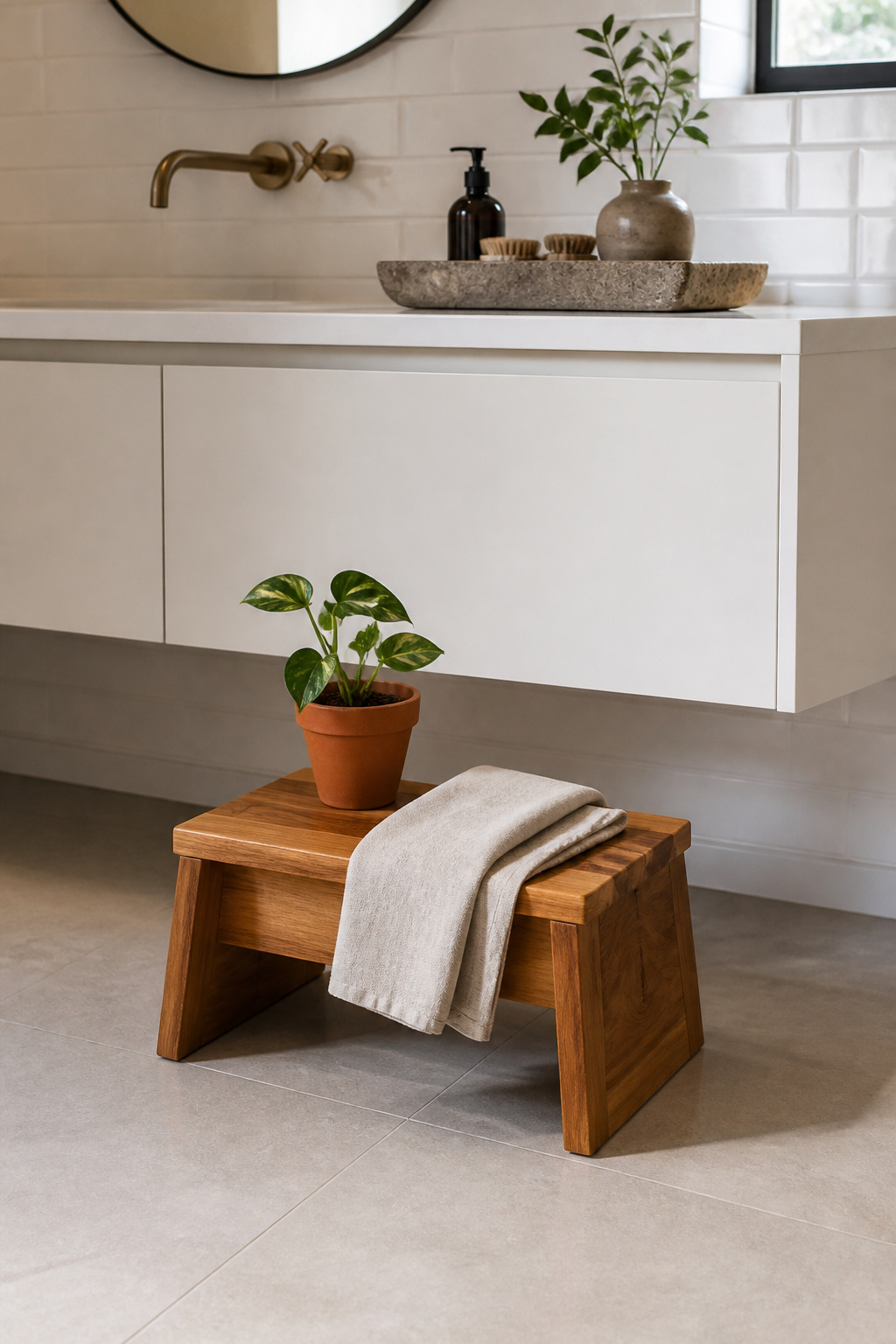 A compact teak step stool beside a floating vanity — the warm wood tone anchors the room's natural material palette at floor level while the top surface holds a pothos cutting and a folded linen towel.