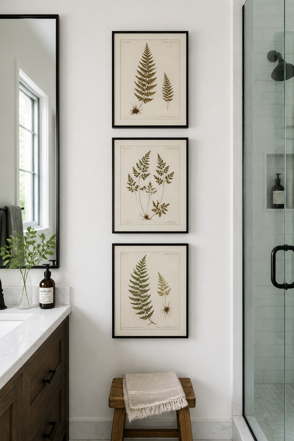 Three Victorian-era botanical illustrations in thin black metal frames arranged vertically on a white bathroom wall — downloadable public domain prints for under $10, creating a gallery-quality display with adhesive picture strips.