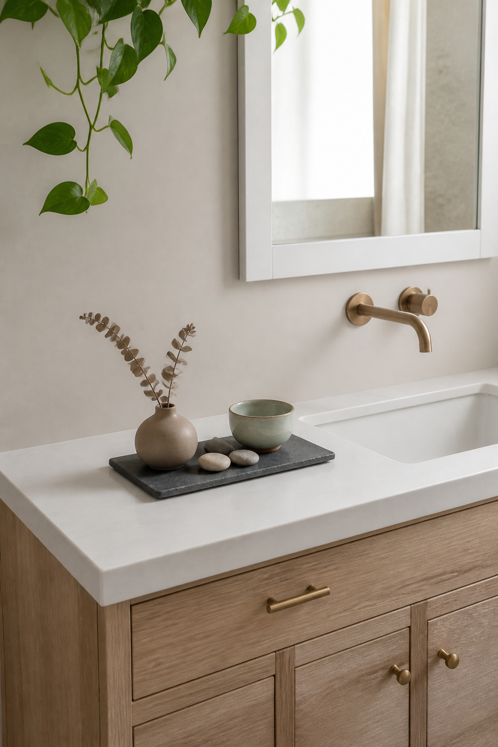 A wabi-sabi stone tray display on a bathroom vanity — river pebbles, a celadon ceramic vessel, and a dried eucalyptus stem creating a contemplative Japanese-inspired arrangement with zero permanent changes.