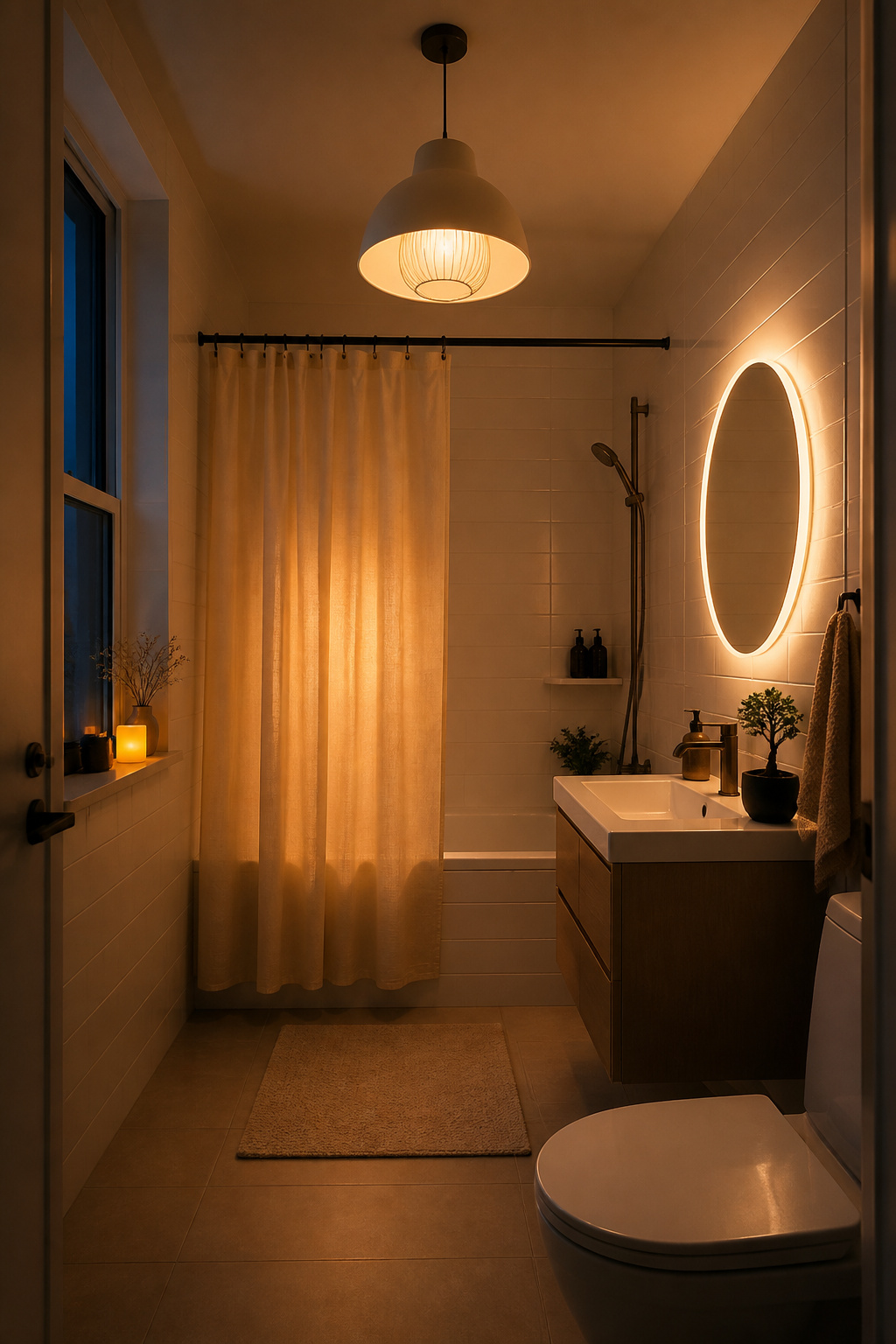 An apartment bathroom in evening mode — a warm pendant shade and dimmed lighting transform a utilitarian space into a restful retreat, embodying the Japanese design principle of light as atmosphere.