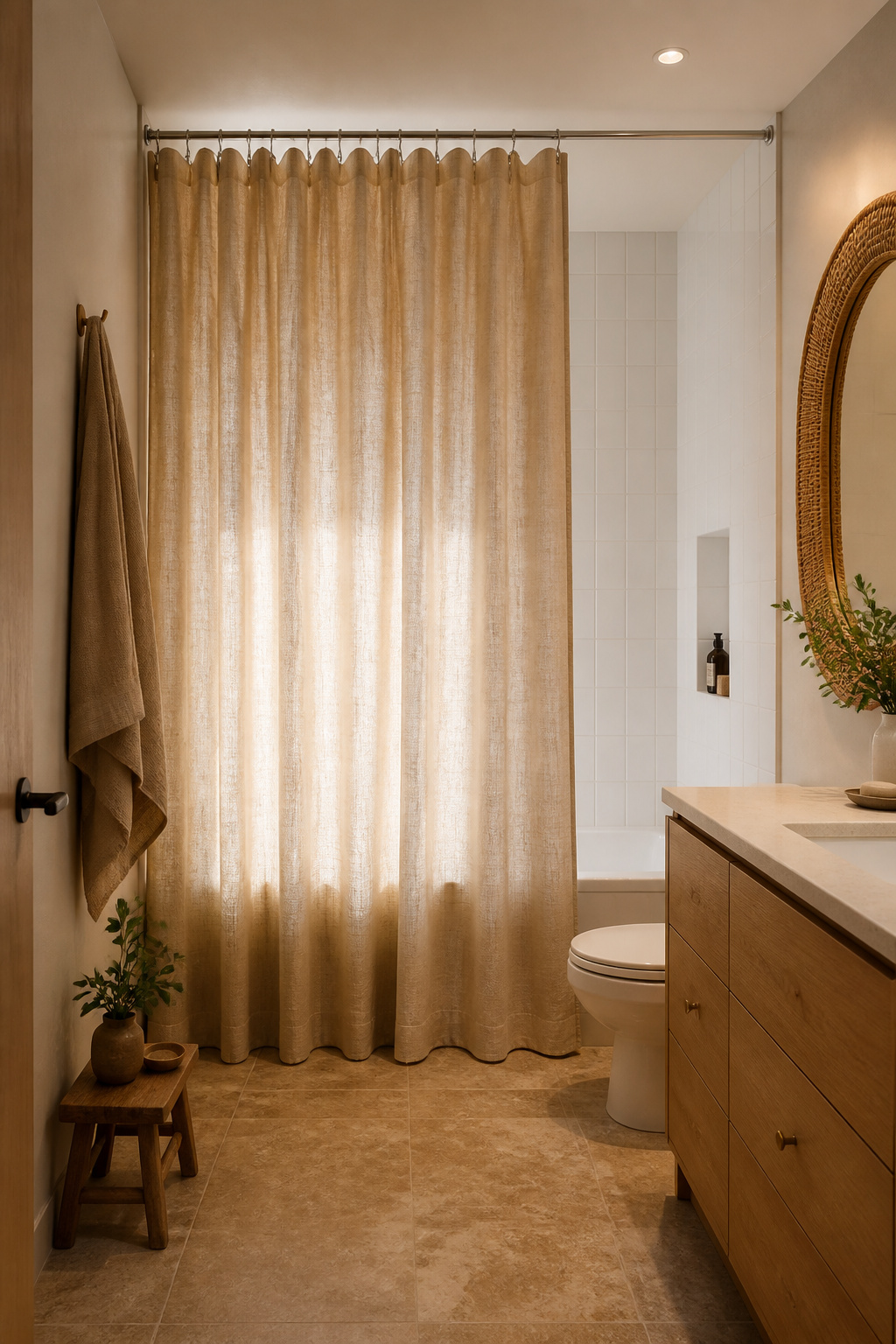 A floor-length natural linen shower curtain in oatmeal tone — the single highest-impact apartment bathroom decor upgrade for renters, transforming the room's visual weight and colour palette immediately.