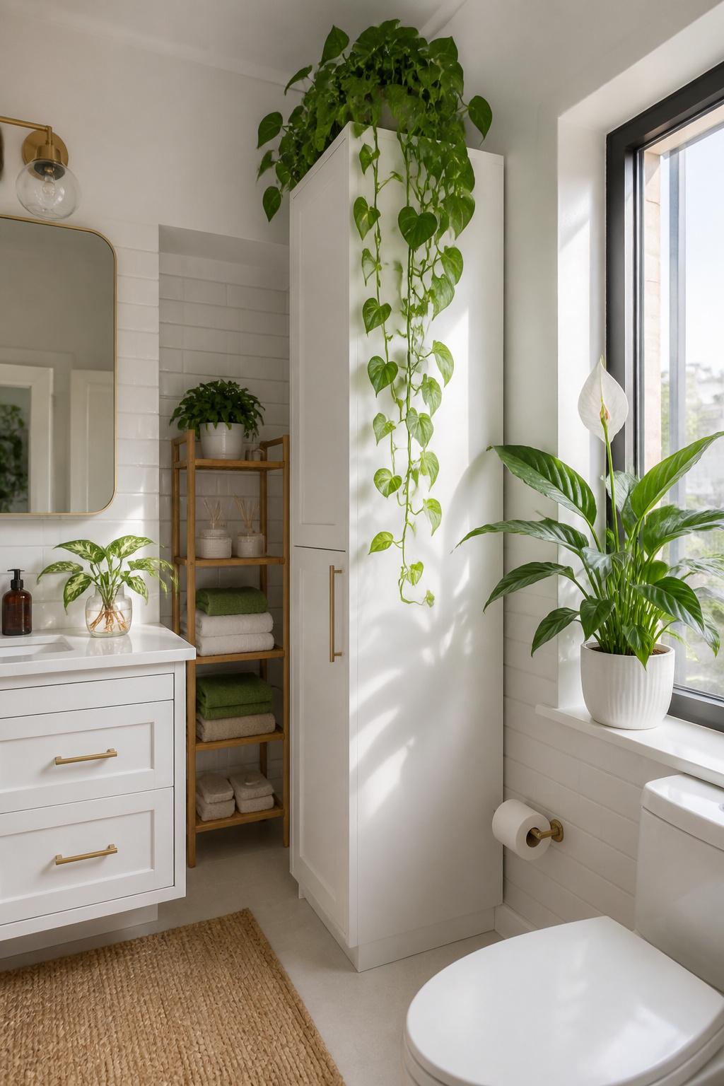 Trailing pothos cascading from a tall cabinet and a peace lily on the windowsill bring genuine life to a white apartment bathroom — both species thrive in low light and high humidity with minimal care.