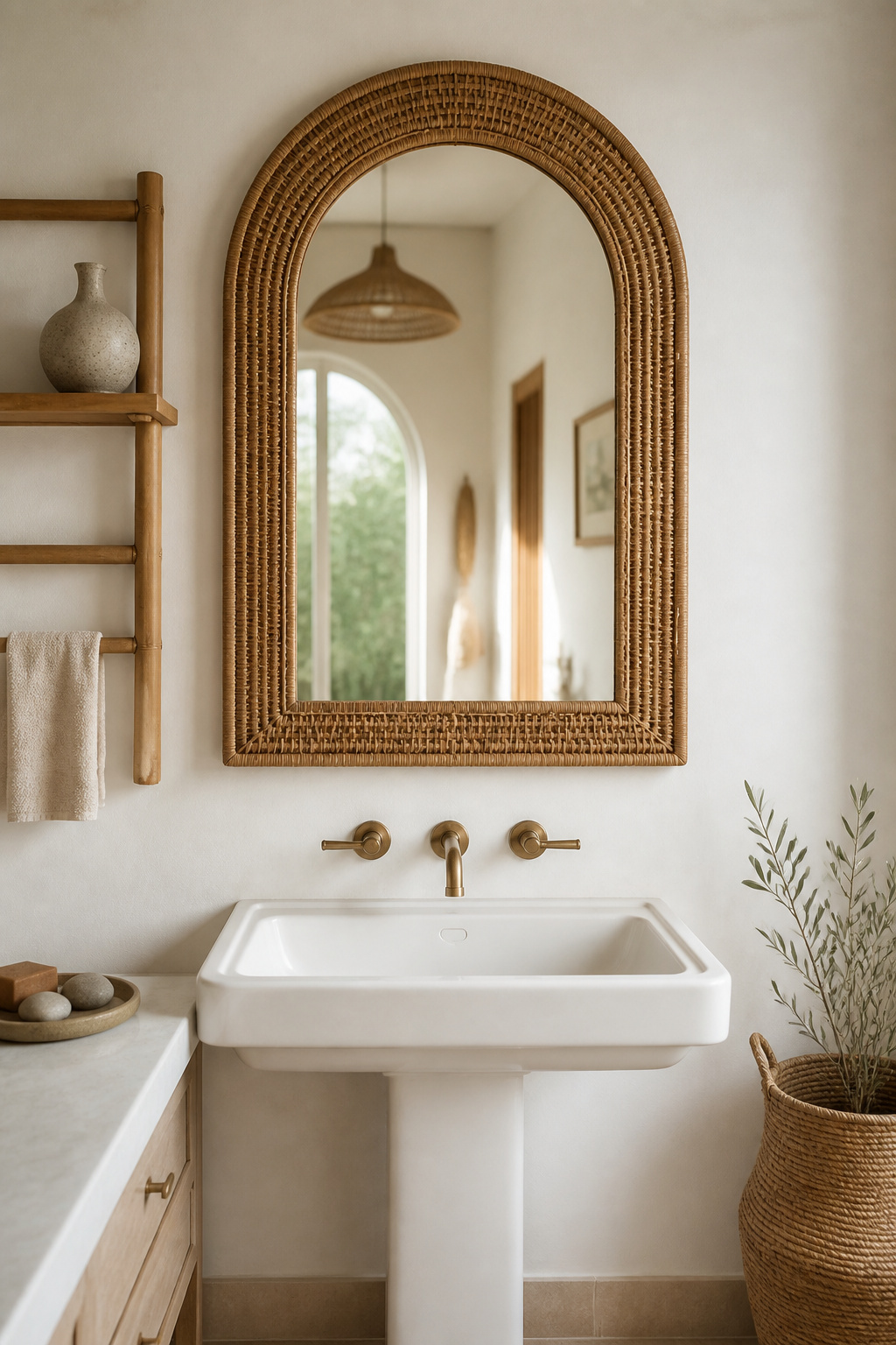 A rattan arched mirror above a white pedestal sink — the curved frame draws the eye upward in low-ceiling apartment bathrooms, while the organic natural weave adds warmth without colour.