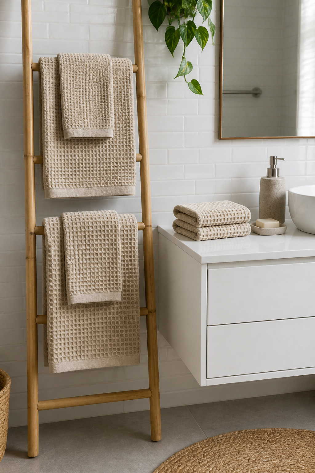 A complete matched oatmeal waffle-weave towel set tri-folded across a bamboo ladder rack — the single colour, single texture approach creates cohesive apartment bathroom decor from one of the most overlooked design elements in a rental.
