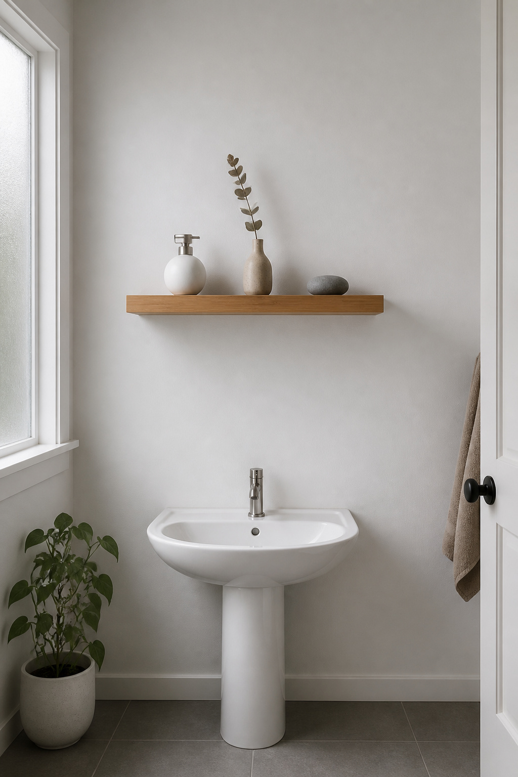 A single floating bamboo shelf holding three deliberately chosen objects — a ceramic dispenser, a bud vase, and a smooth stone — embodying the zen principle of deliberate display in a small apartment bathroom.