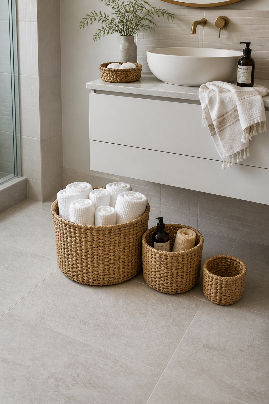 Three graduated rattan and seagrass baskets as open storage beside a floating vanity — the visible editing discipline of natural-toned towels, a single amber glass bottle, and a natural loofah transforms storage into apartment bathroom decor.