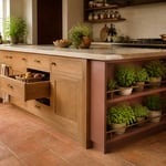 A kitchen island with herb drawer integration, end-panel rail storage, and deep root vegetable drawers — the functional kitchen island cabinet as the heartbeat of a productive, beautiful kitchen.