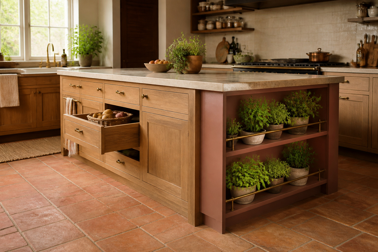 A kitchen island with herb drawer integration, end-panel rail storage, and deep root vegetable drawers — the functional kitchen island cabinet as the heartbeat of a productive, beautiful kitchen.
