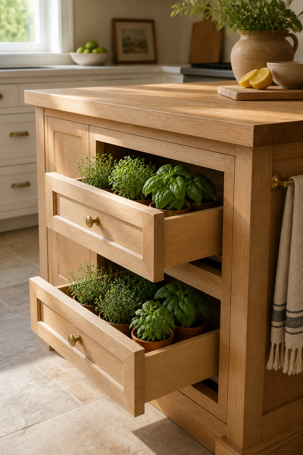 Shaker-style island cabinets with dedicated herb-tray drawers — shallow enough for live herb trays, deep enough to close fully and keep the countertop clear.