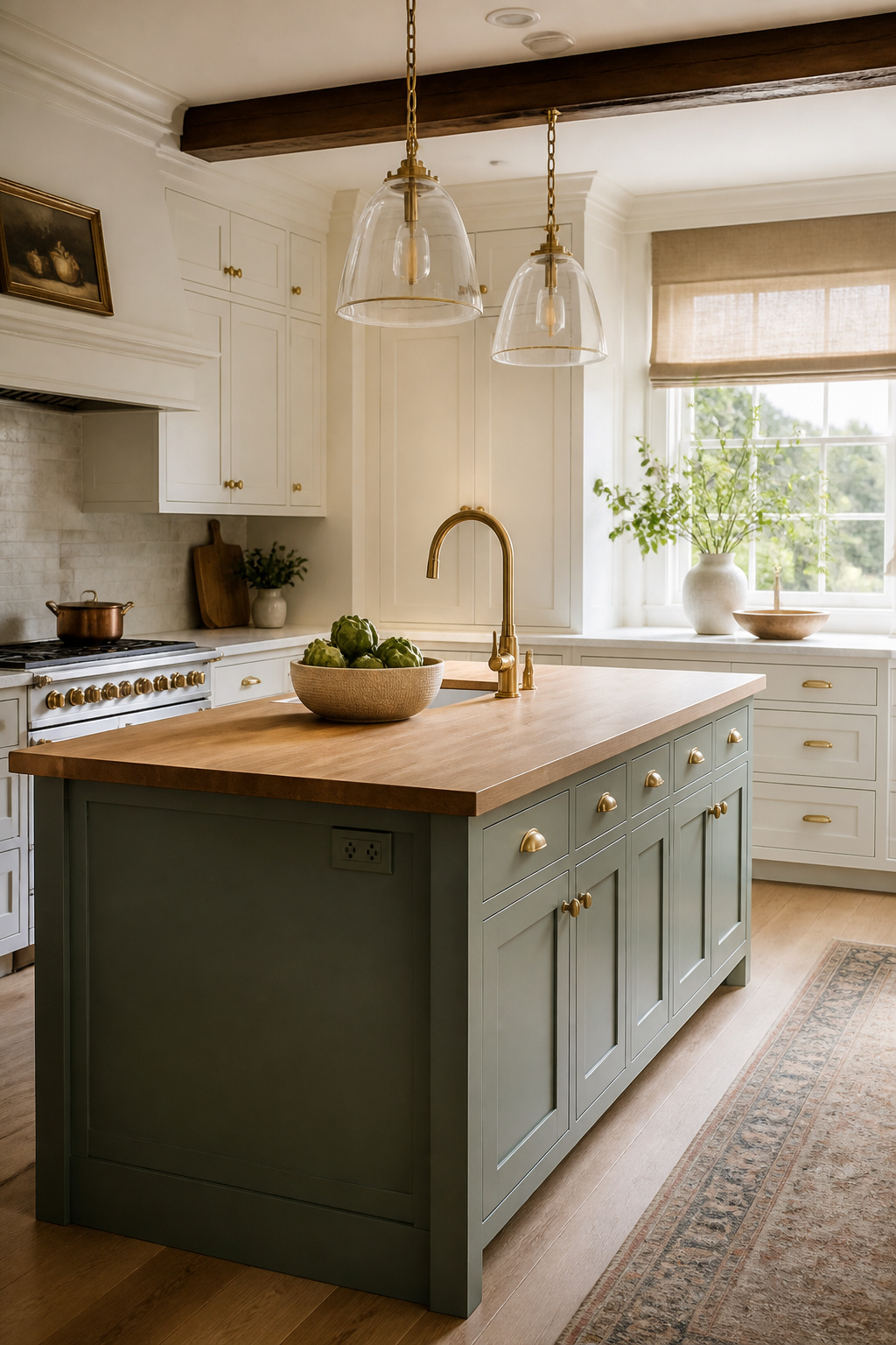 Two-tone island cabinets — green painted fronts against natural white oak countertop, brass hardware — use the island as a considered design statement rather than a perimeter continuation.