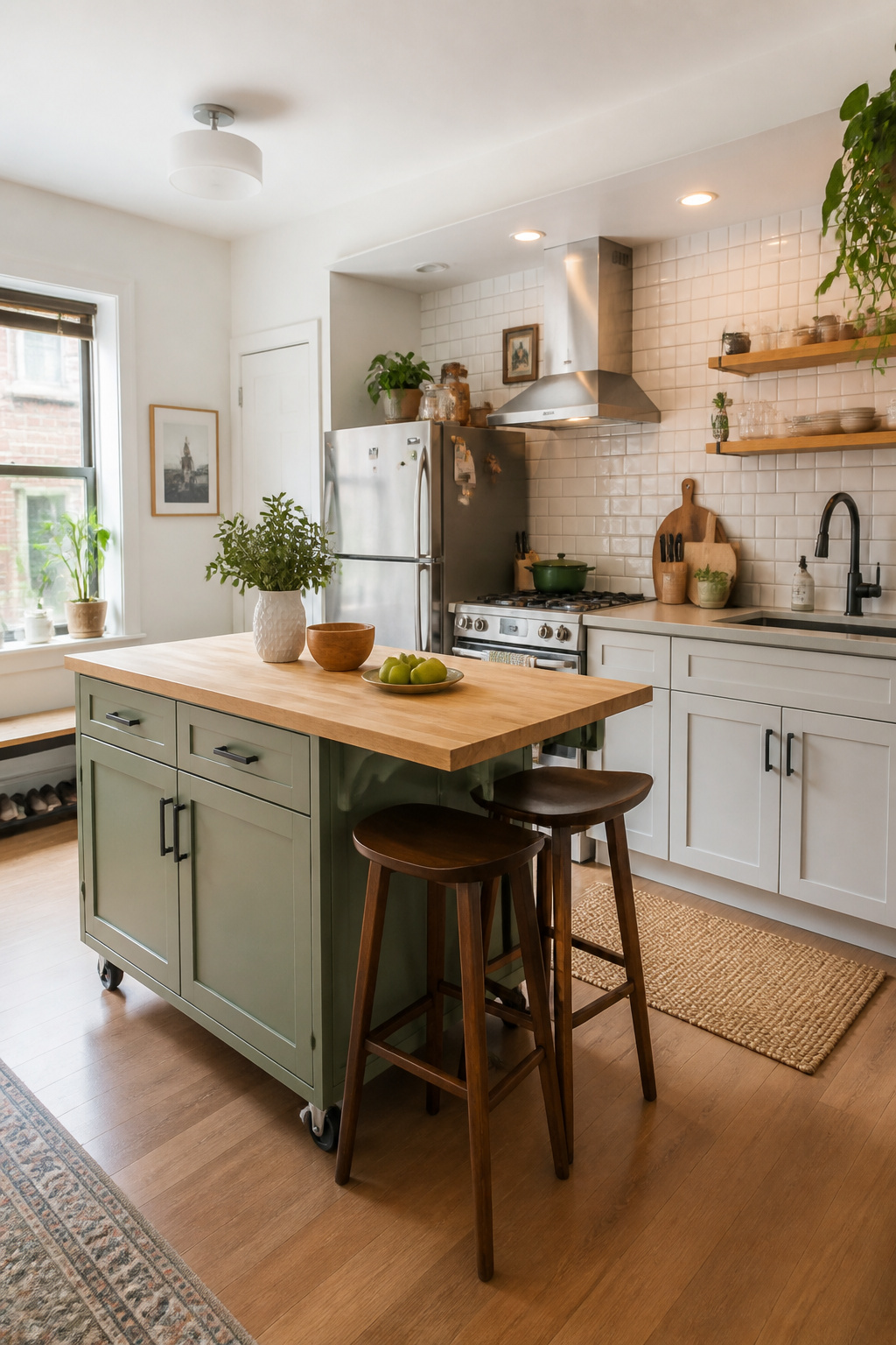 A compact rolling island (24x48 inches) in sage green shaker with a butcher block top and seating overhang — three functions in one piece, with locking casters for flexibility.